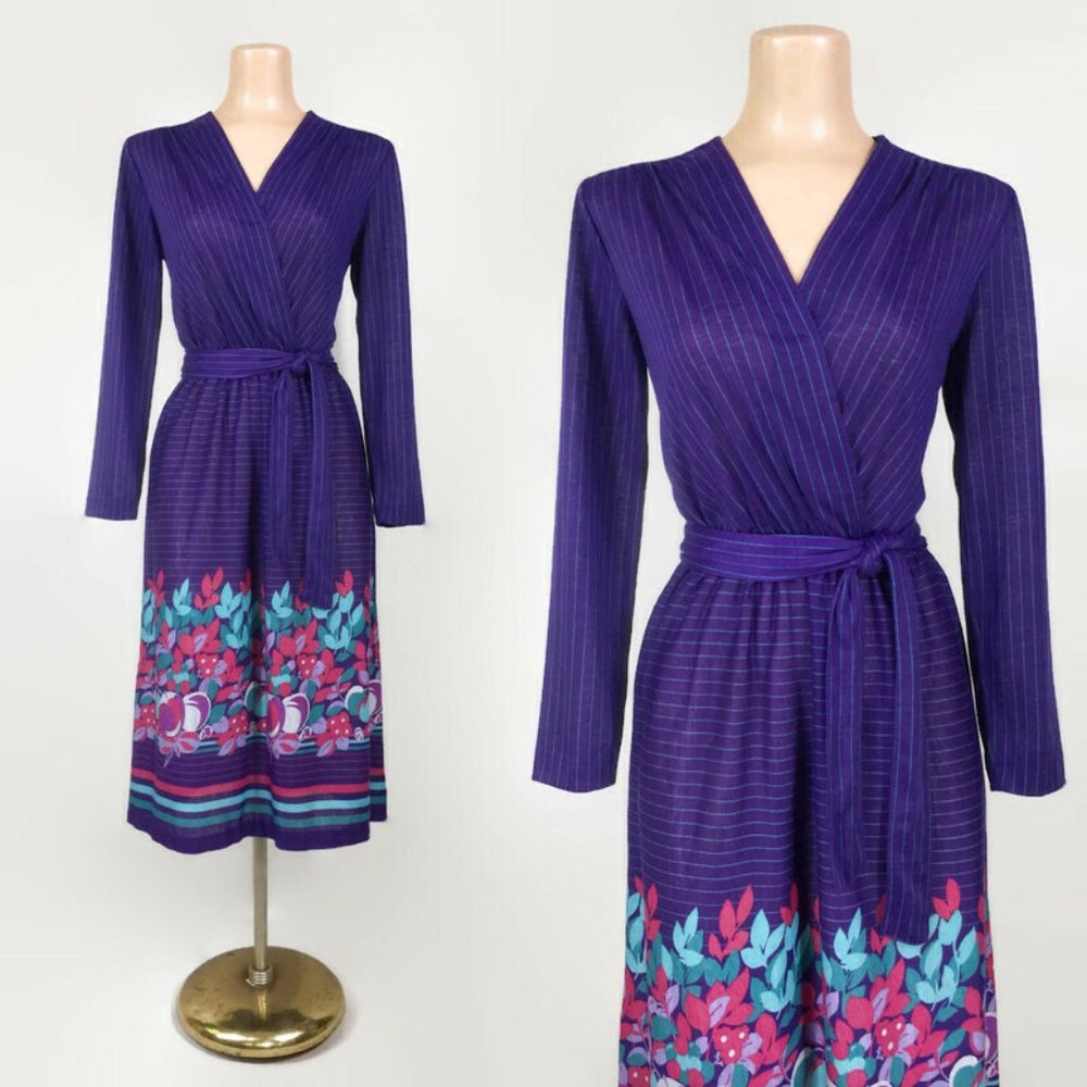 VINTAGE 1980s Purple Turquoise Striped Novelty Fruit border Print Dress